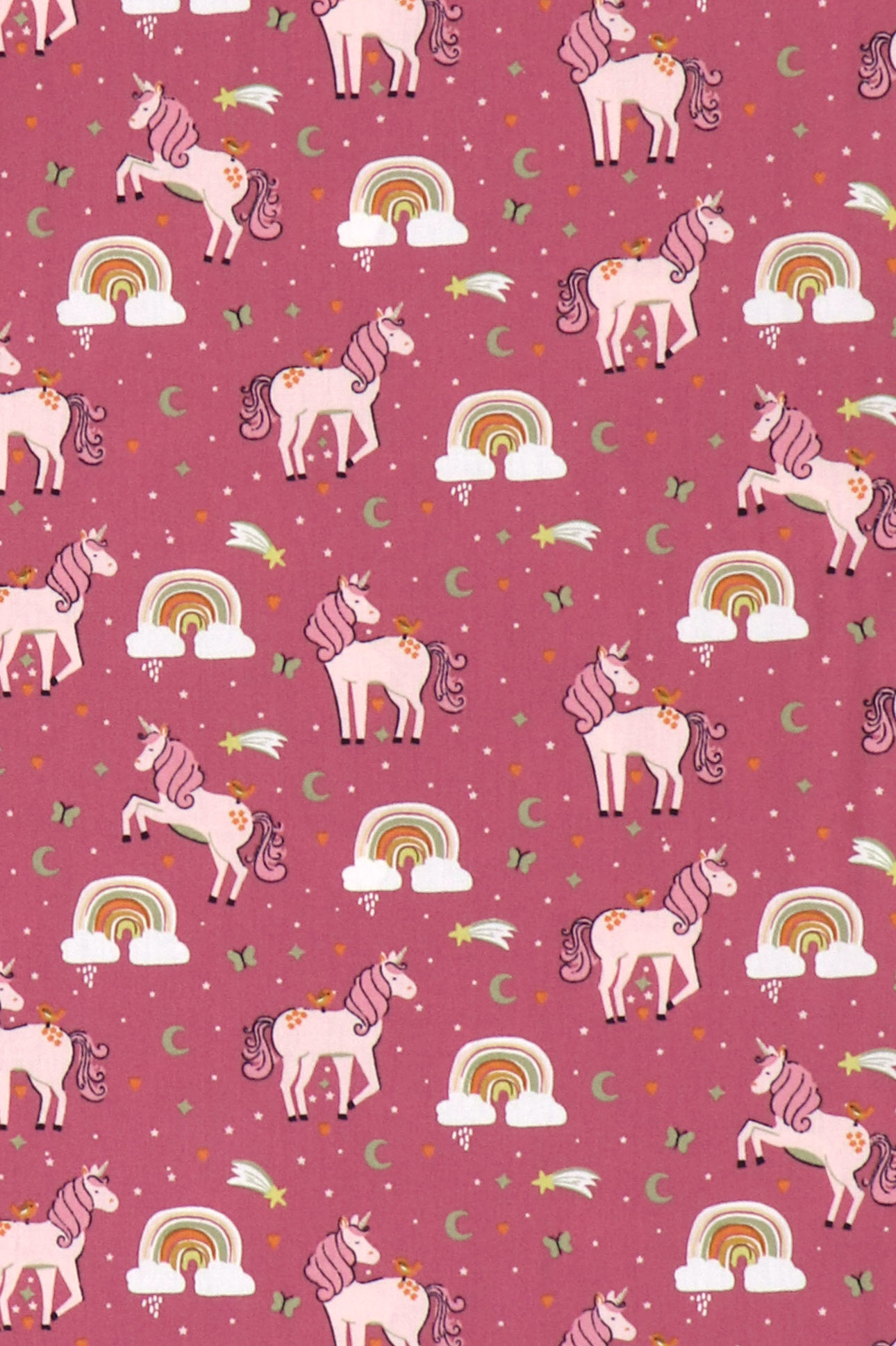 Popeline di cotone, unicorno su fondo rosa scuro