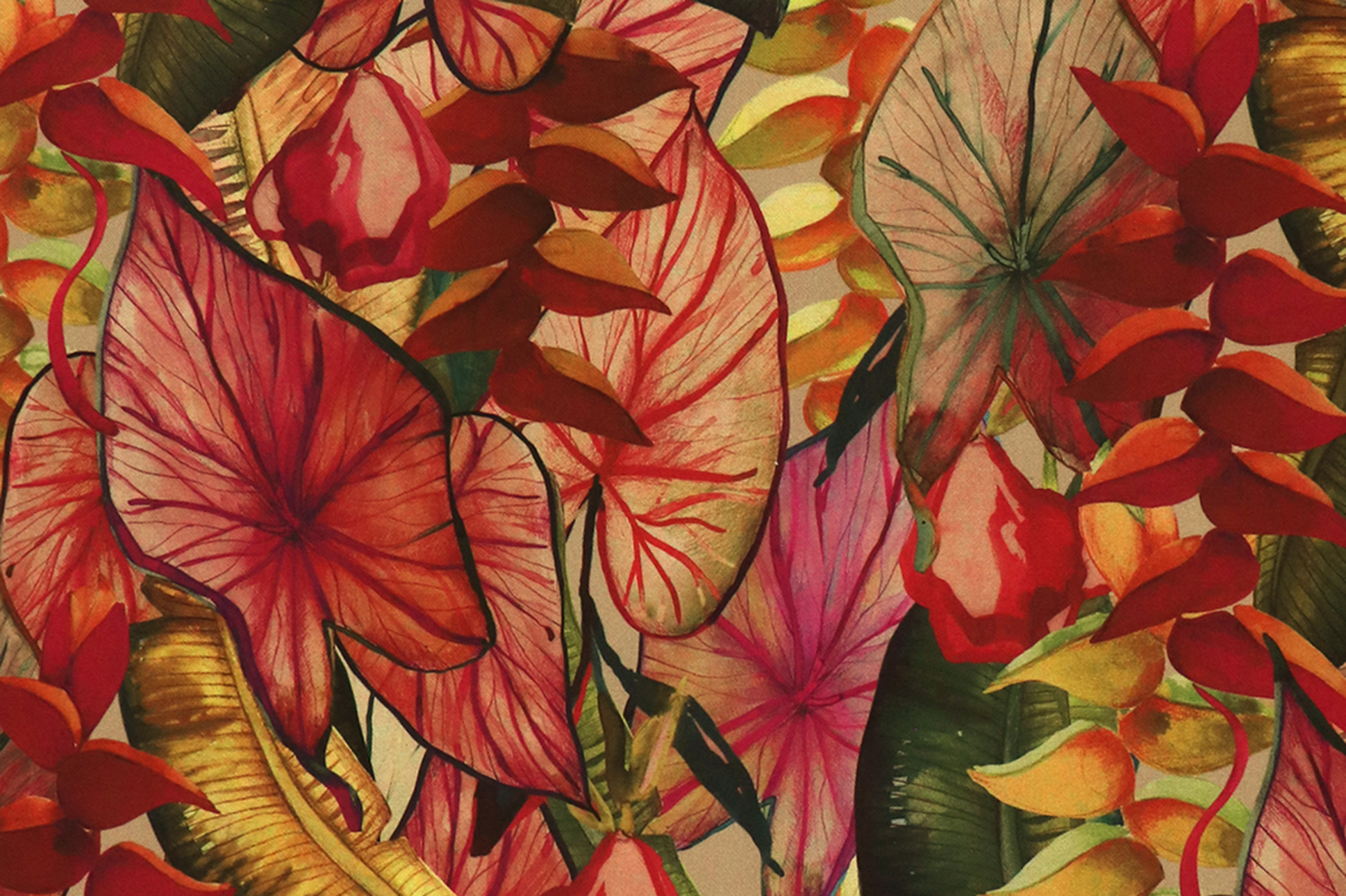 Tessuto da decorazione, dralon esterno, motivo di foglie e fiori colorati