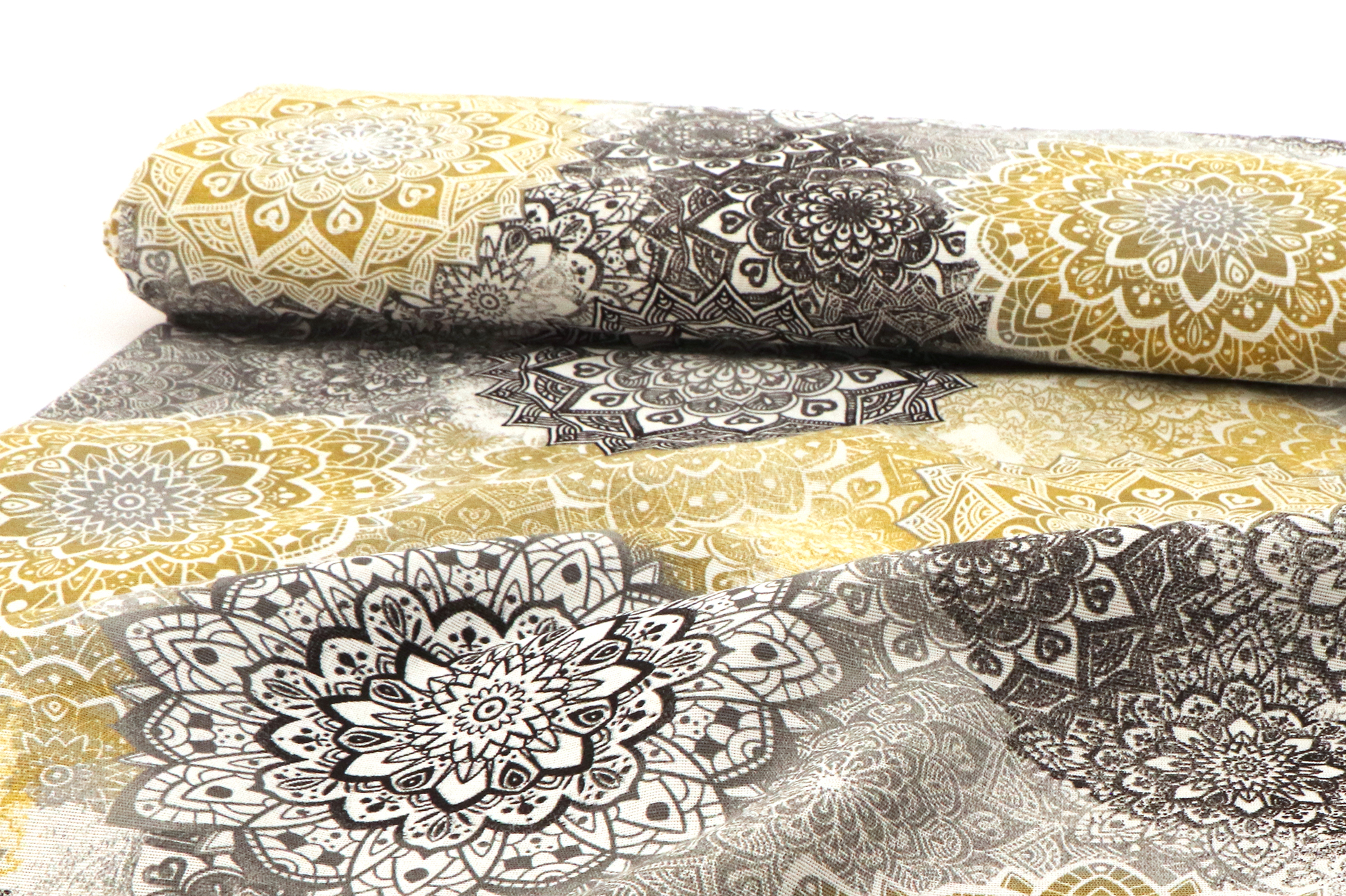 Tessuto da decorazione, mandala in grigio / ocra 