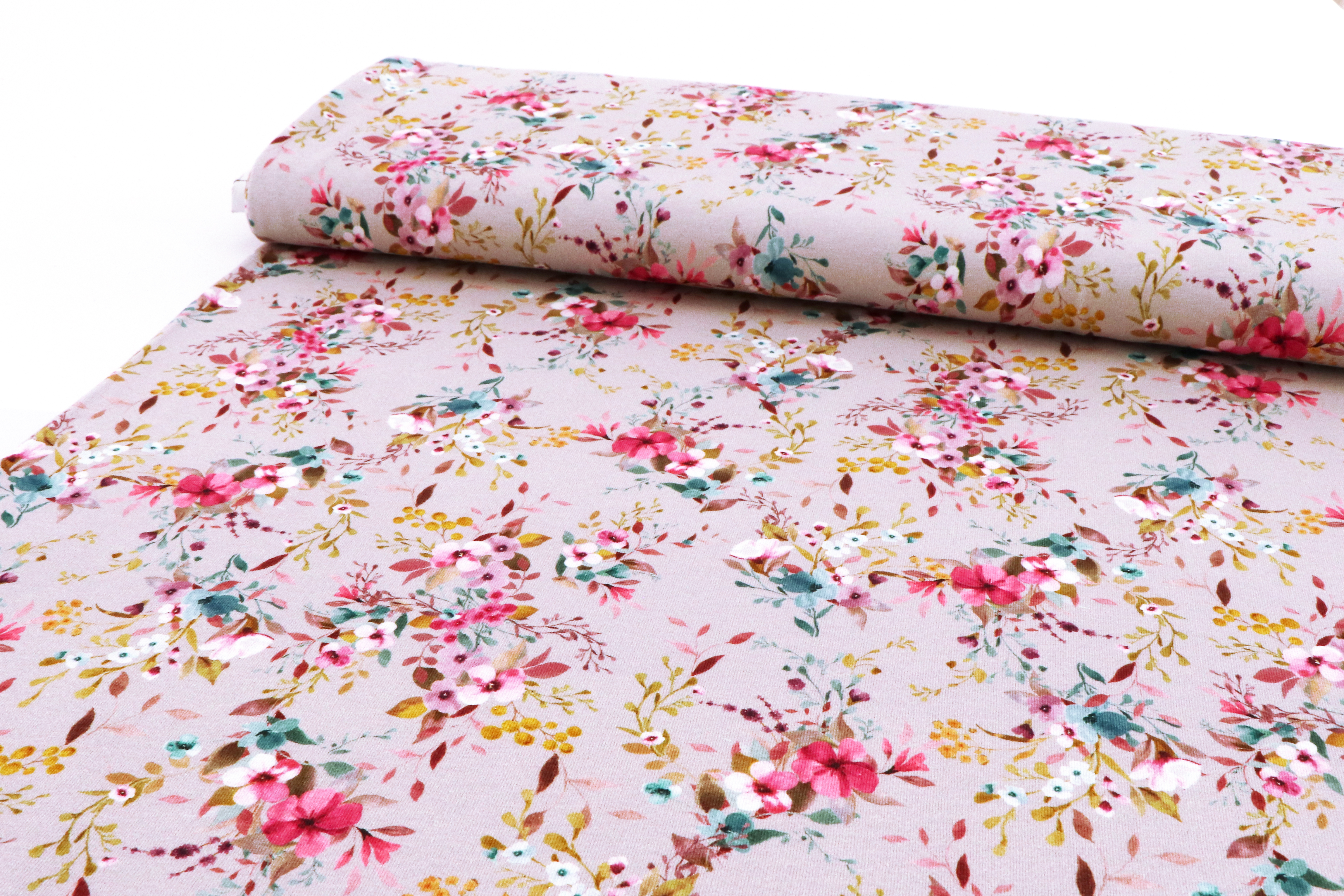 Jersey di cotone, fiori su grigio Jersey di cotone, fiori su grigio