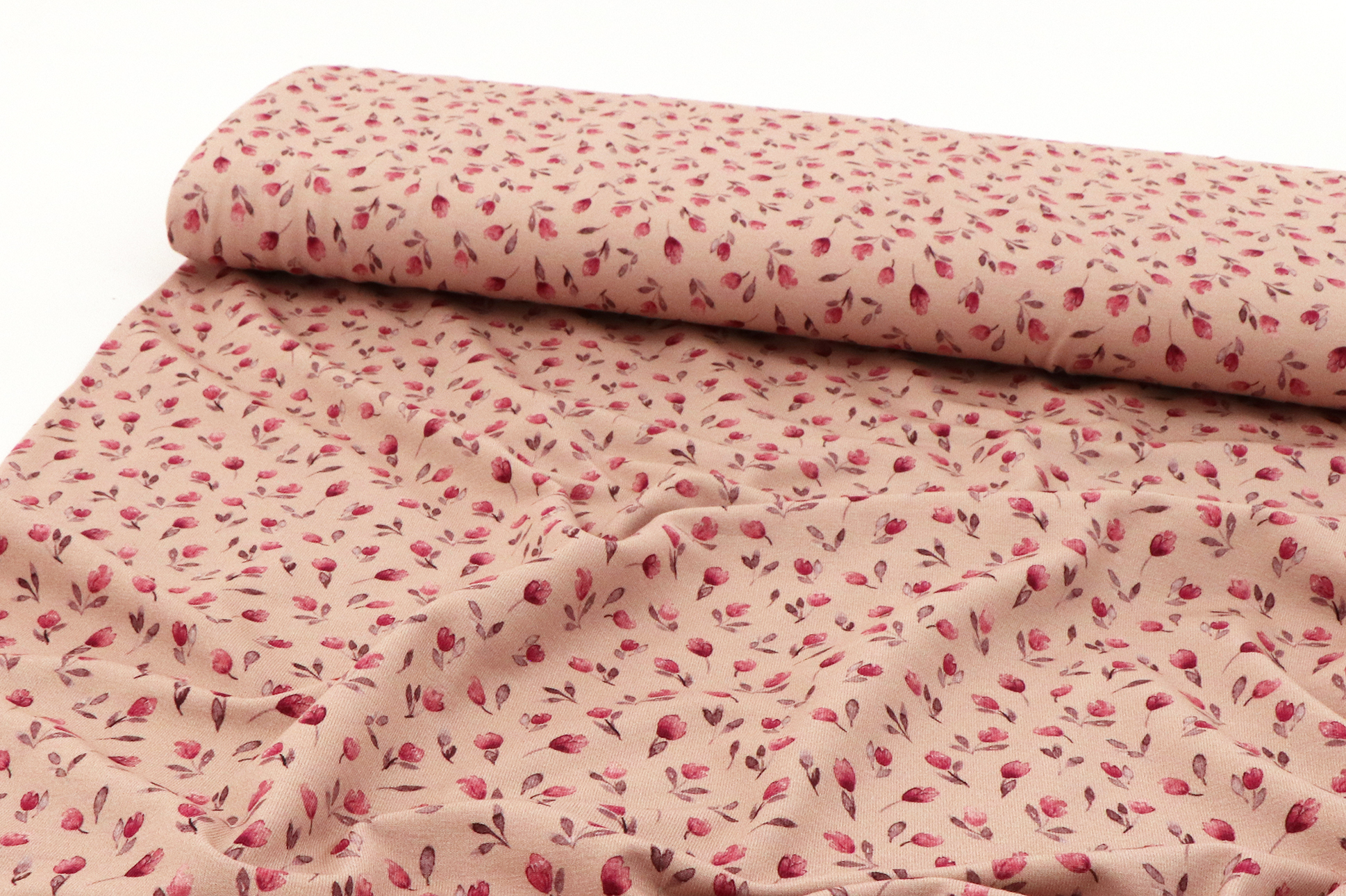 Jersey di cotone, piccoli tulipani su rosa antico