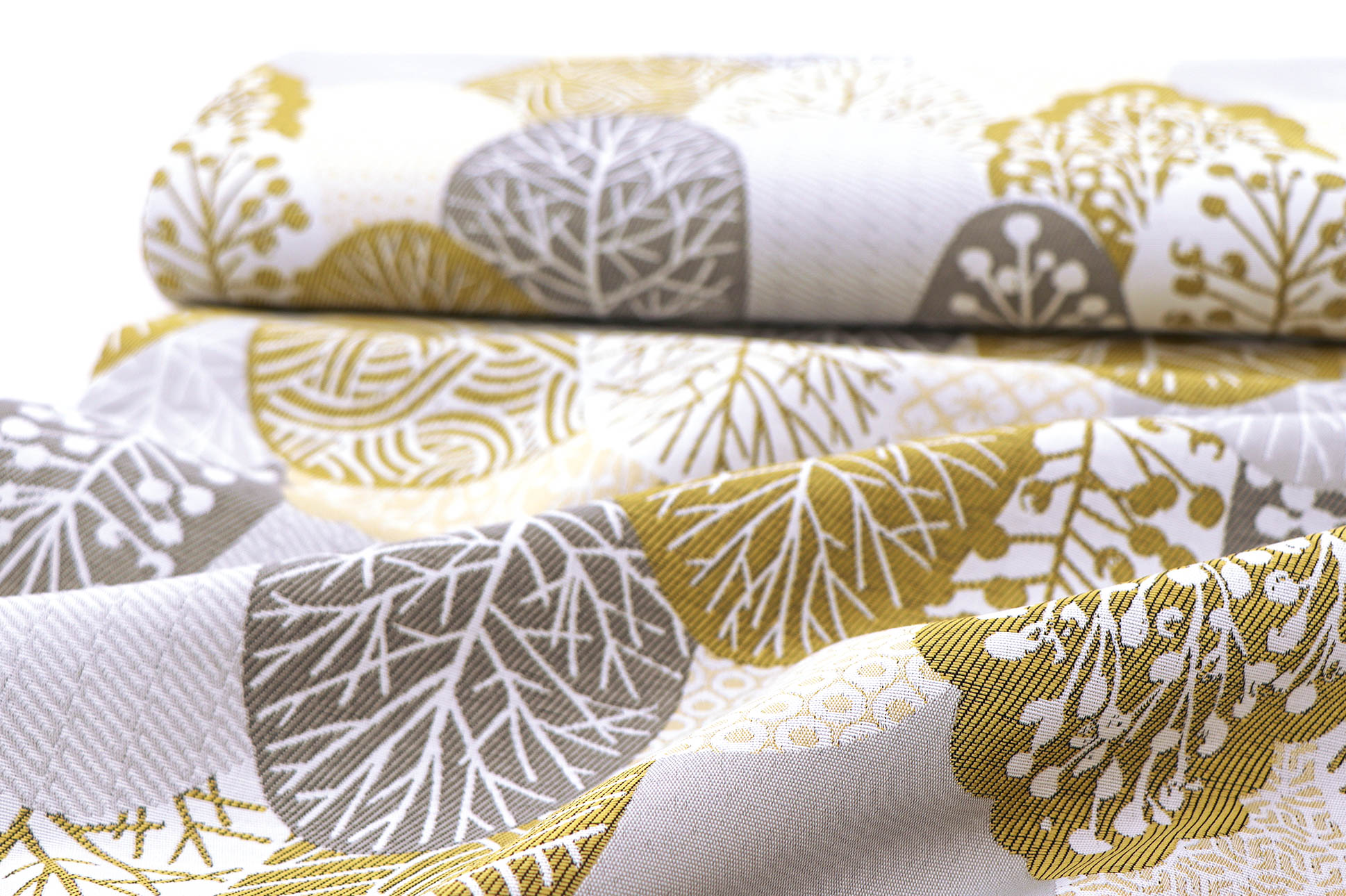 Tessuto da decorazione, foglie grandi in oro e grigio