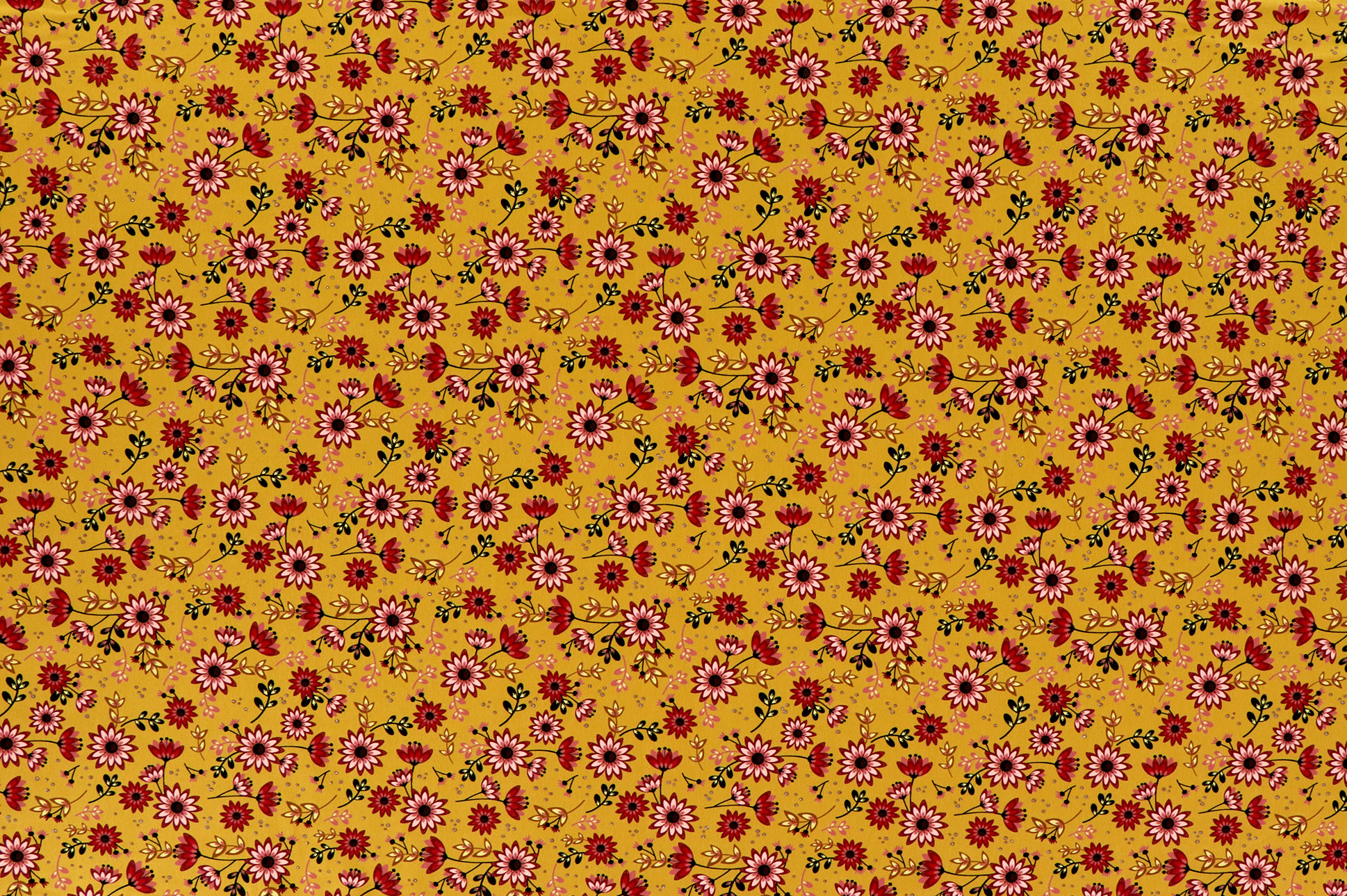 Jersey di cotone, fiori rossi con luccichio dorato su fondo ocra