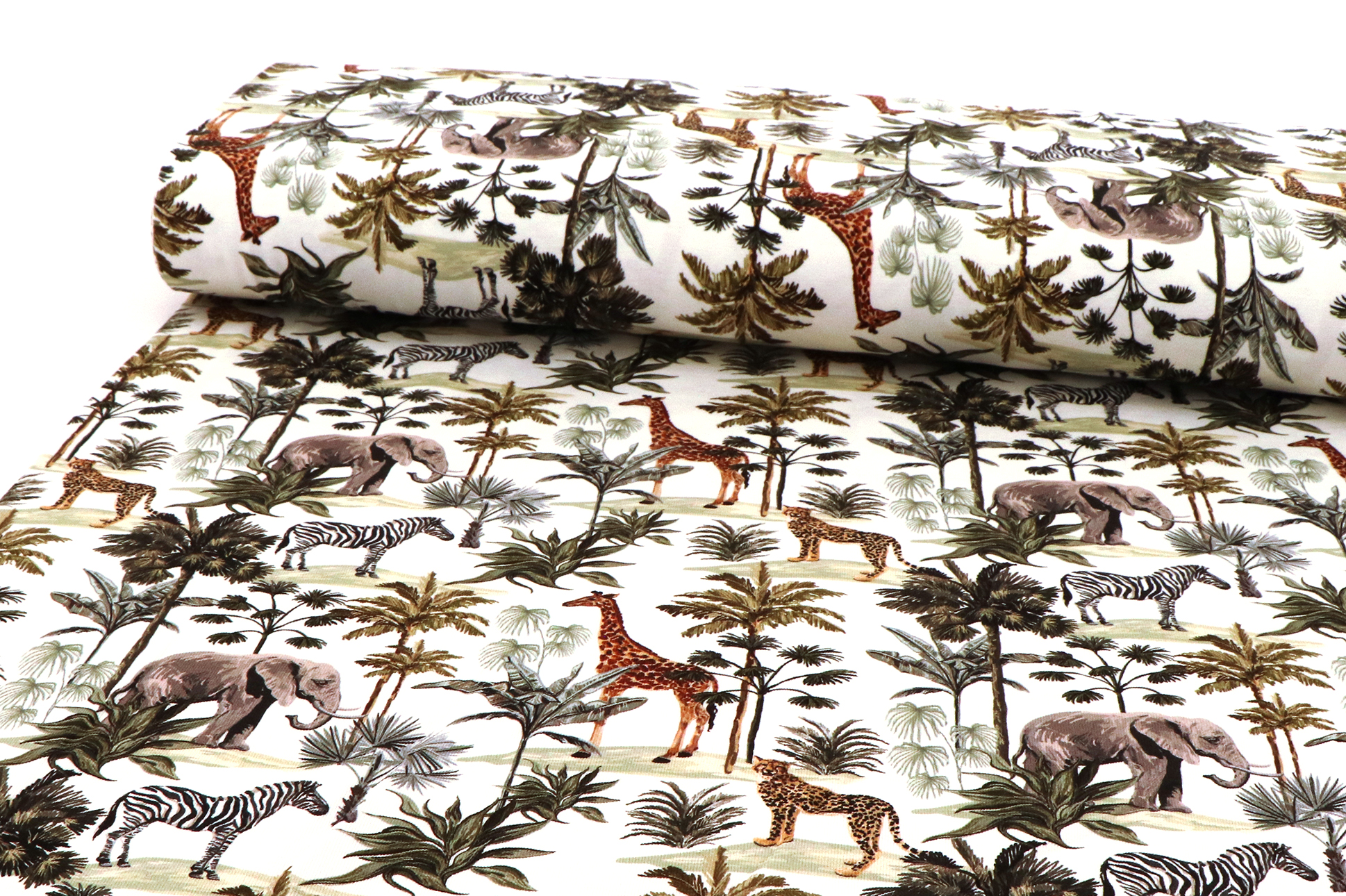 Jersey di cotone, animali della giungla su bianco Jersey di cotone, animali della giungla su bianco