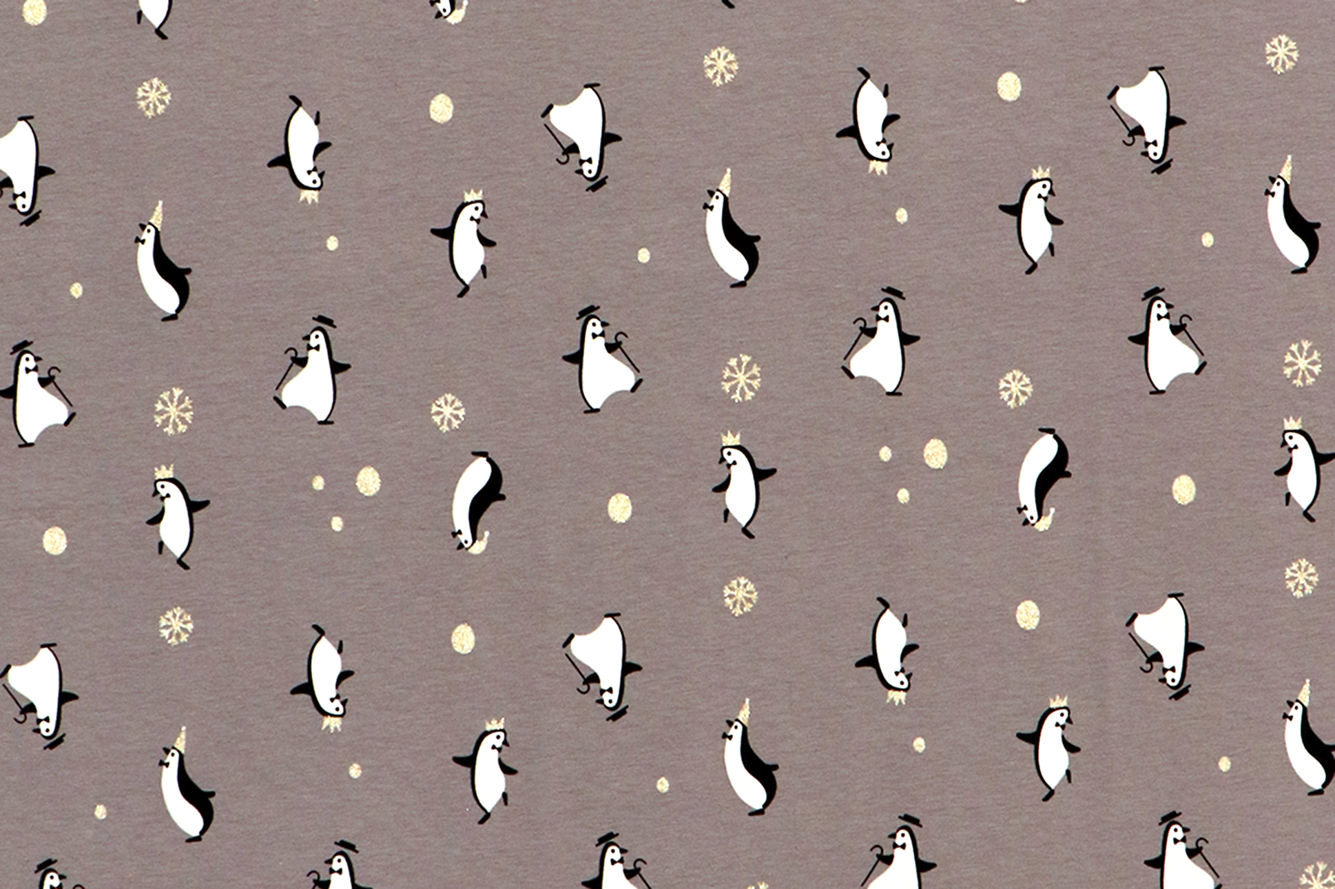 Jersey di cotone, pinguino che danza con stelle glitter oro su fondo grigio