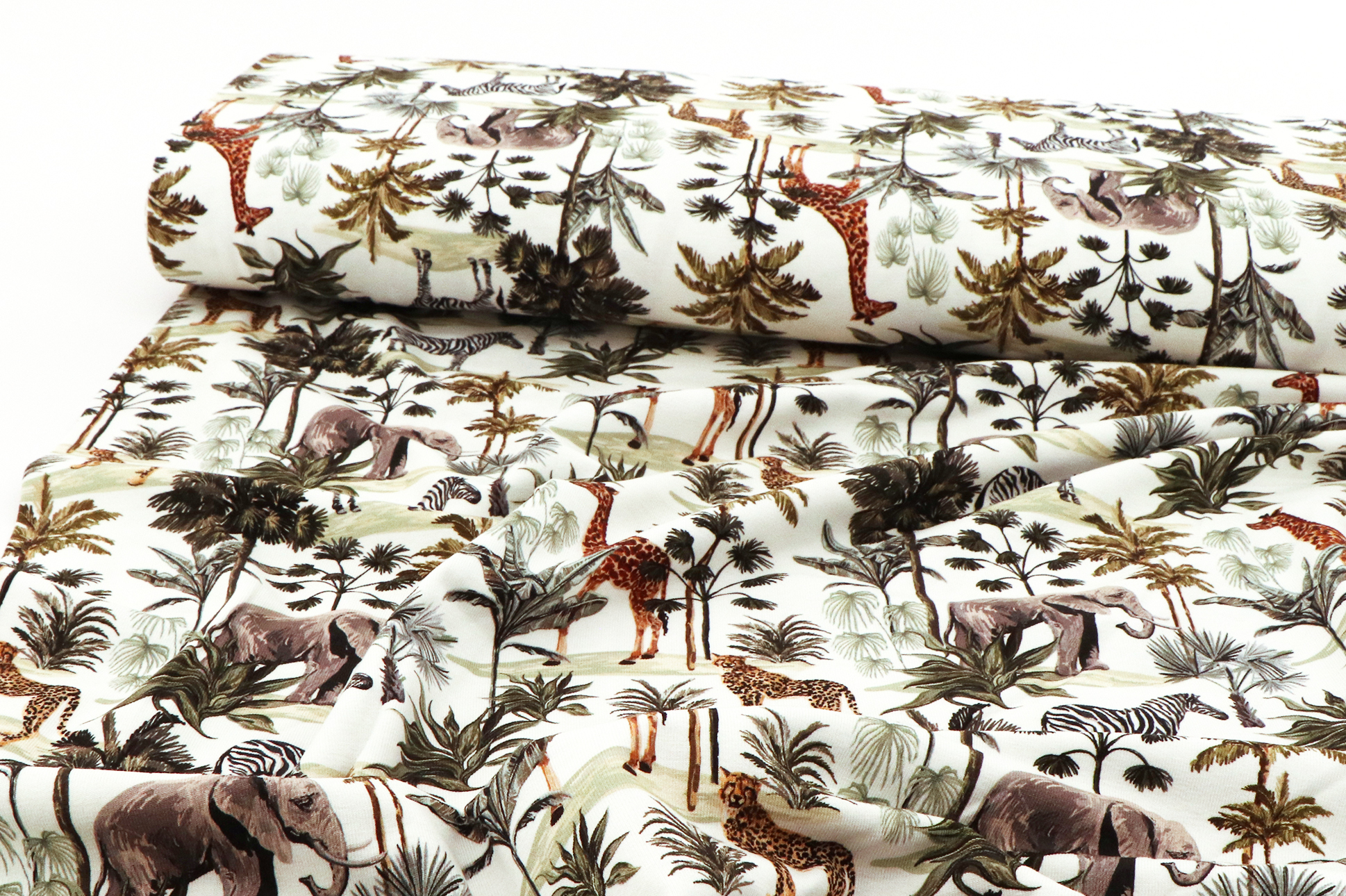 Jersey di cotone, animali della giungla su bianco Jersey di cotone, animali della giungla su bianco