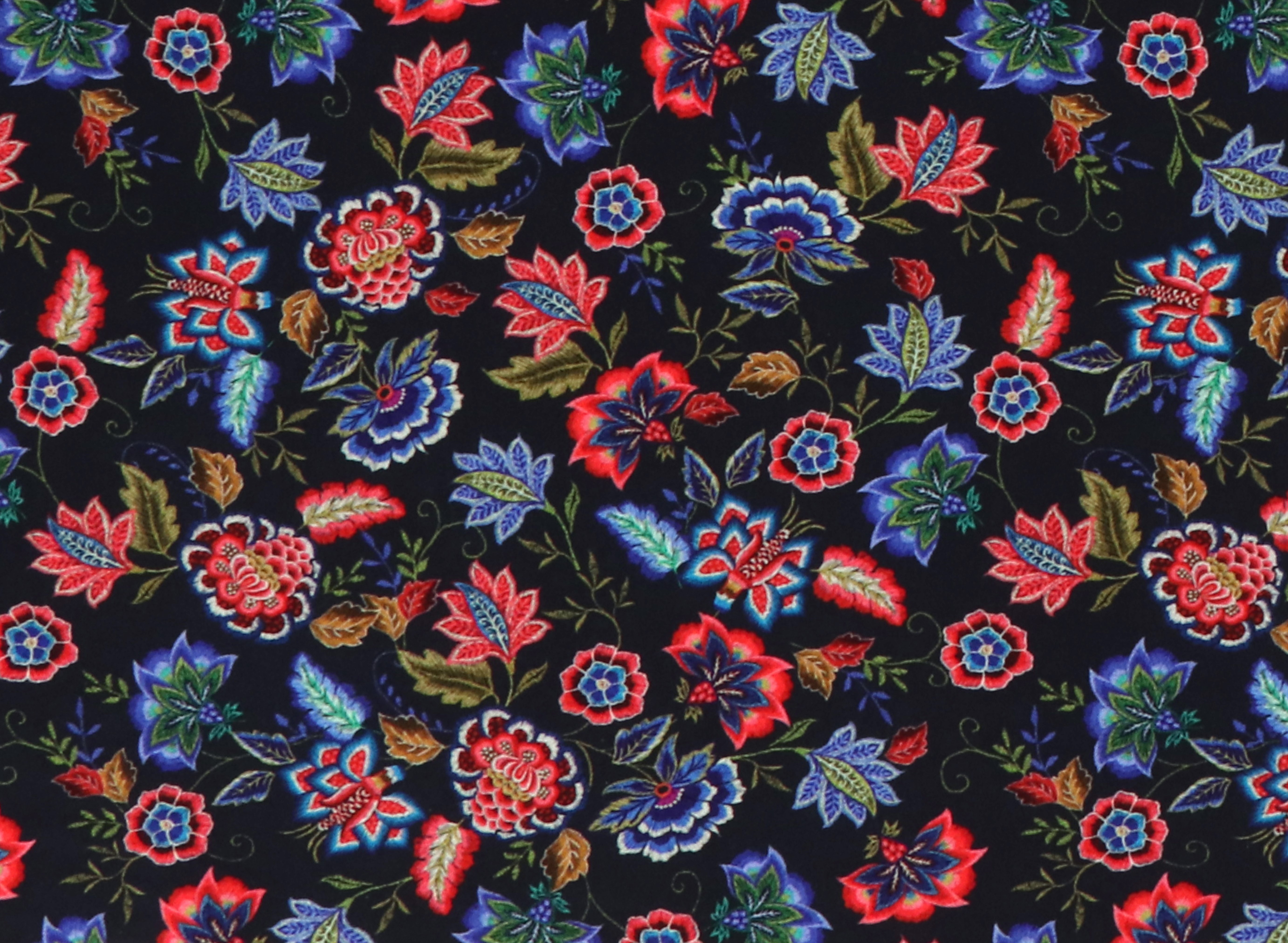 Jersey di cotone, motivo floreale su fondo blu scuro